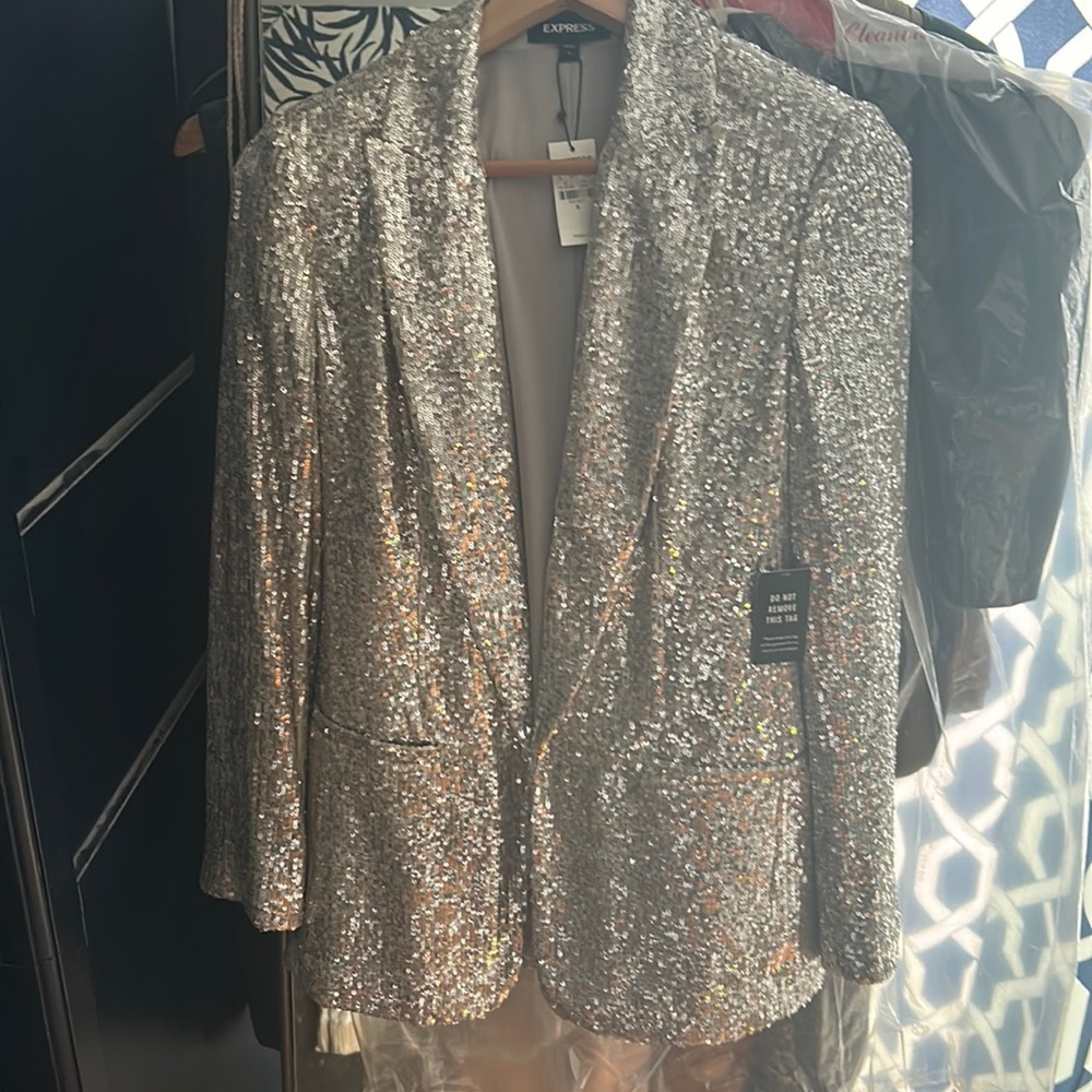 NEW Sz Small Silver Express Lined One Button Sequin Peak Lapel Boyfriend Blazer